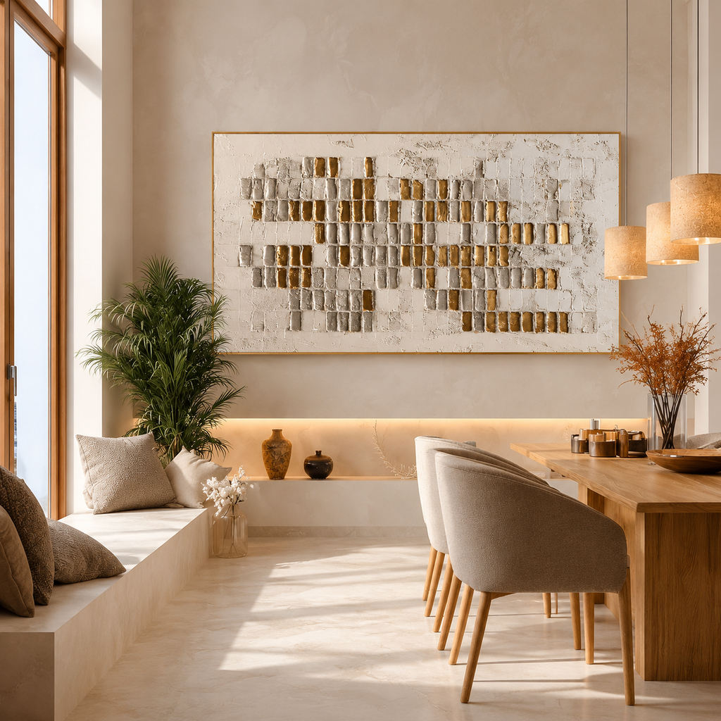Sophisticated heavy textured abstract block artwork adding metallic inspiration and cozy style to a home office.