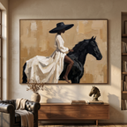 Majesty Black woman canvas wall art featuring an elegant lady in a white dress riding a black horse on beige plaster background