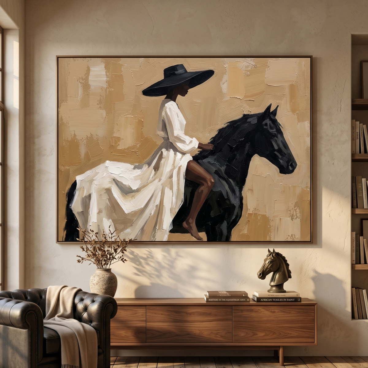 Majesty Black woman canvas wall art featuring an elegant lady in a white dress riding a black horse on beige plaster background