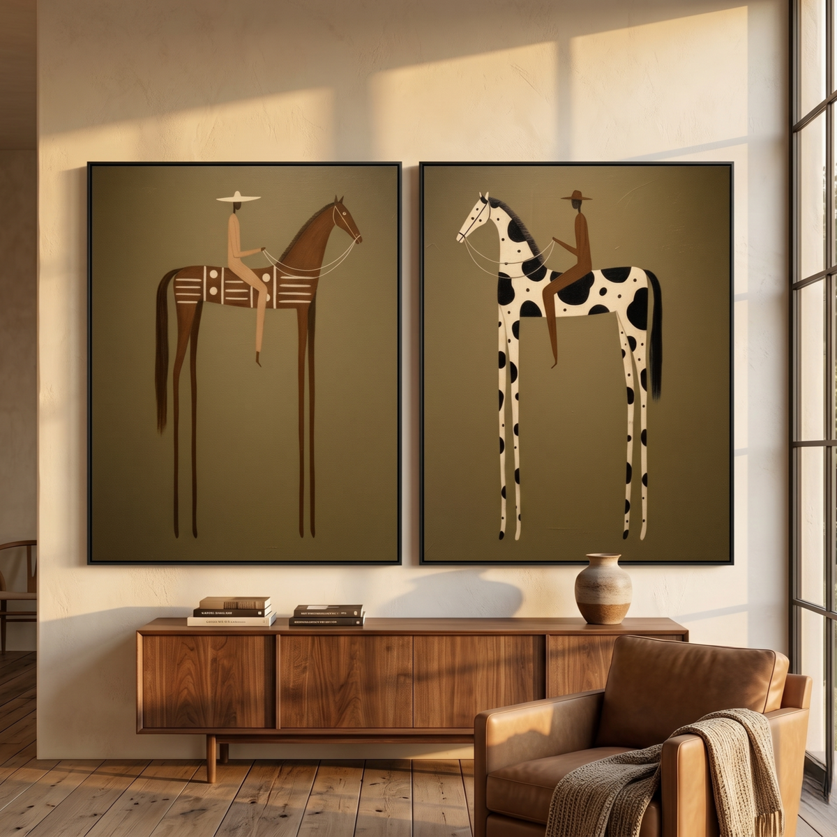 Voyagers western abstract figure wall art set of 2 featuring olive green rustic canvas by Parge Art.
