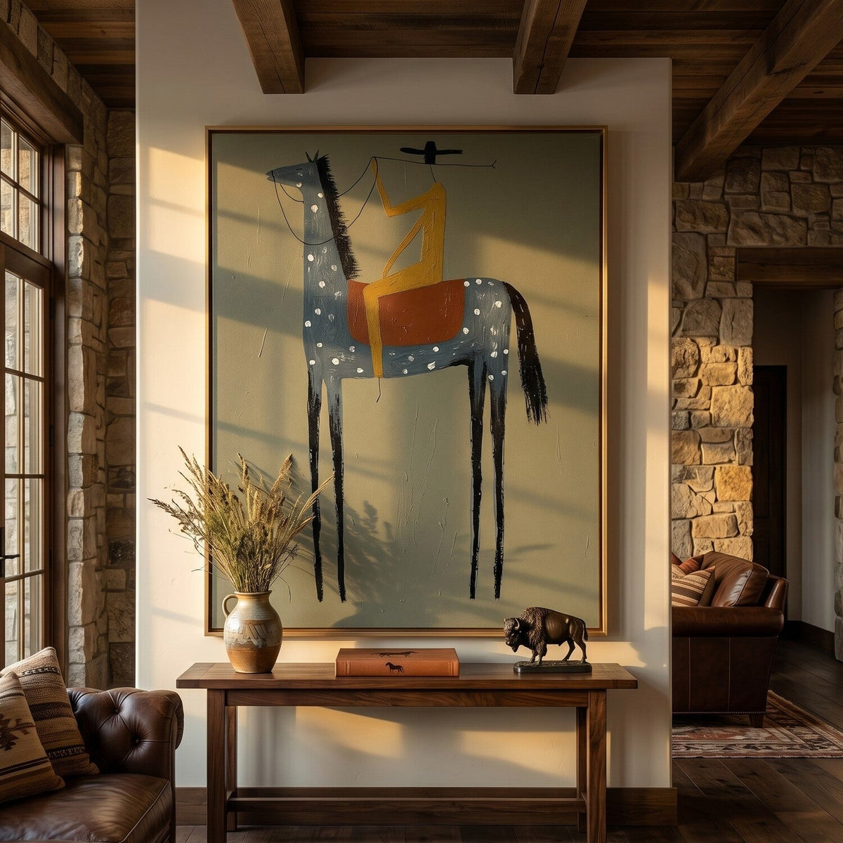 Wanderer minimalist Western cowboy plaster wall art featuring a modern folk style rider on a spotted horse with impasto plaster texture