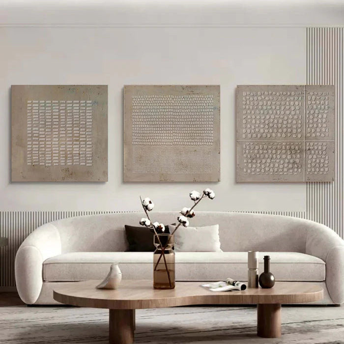 Monolith wabi-sabi textured wall art set of 3 featuring minimalist geometric relief panels in neutral tones