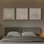 Wabi-sabi geometric relief wall art set of 3 in contemporary hallway with beige interior design