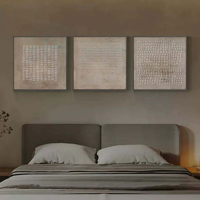 Wabi-sabi geometric relief wall art set of 3 in contemporary hallway with beige interior design