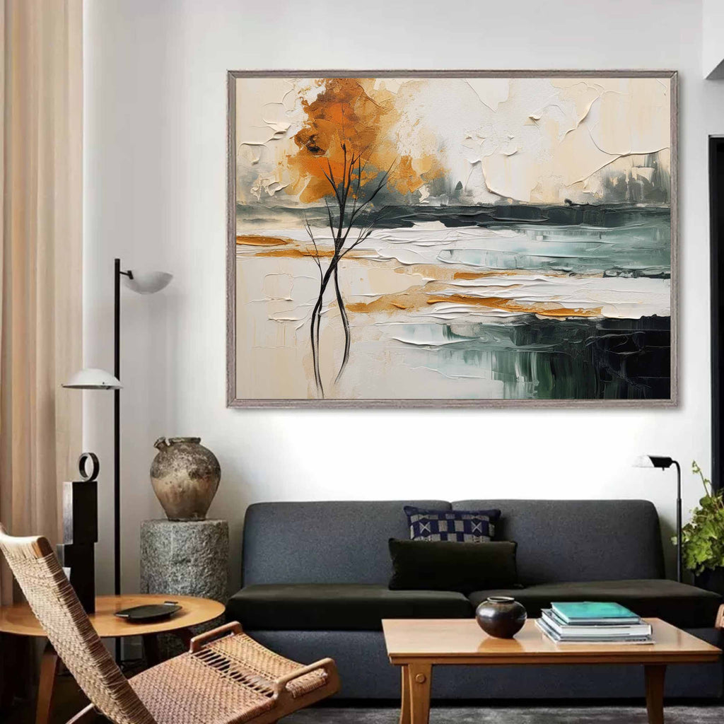 Modern colorful abstract oil artwork mounted above a wooden console table in a minimalist home entryway with gallery lighting