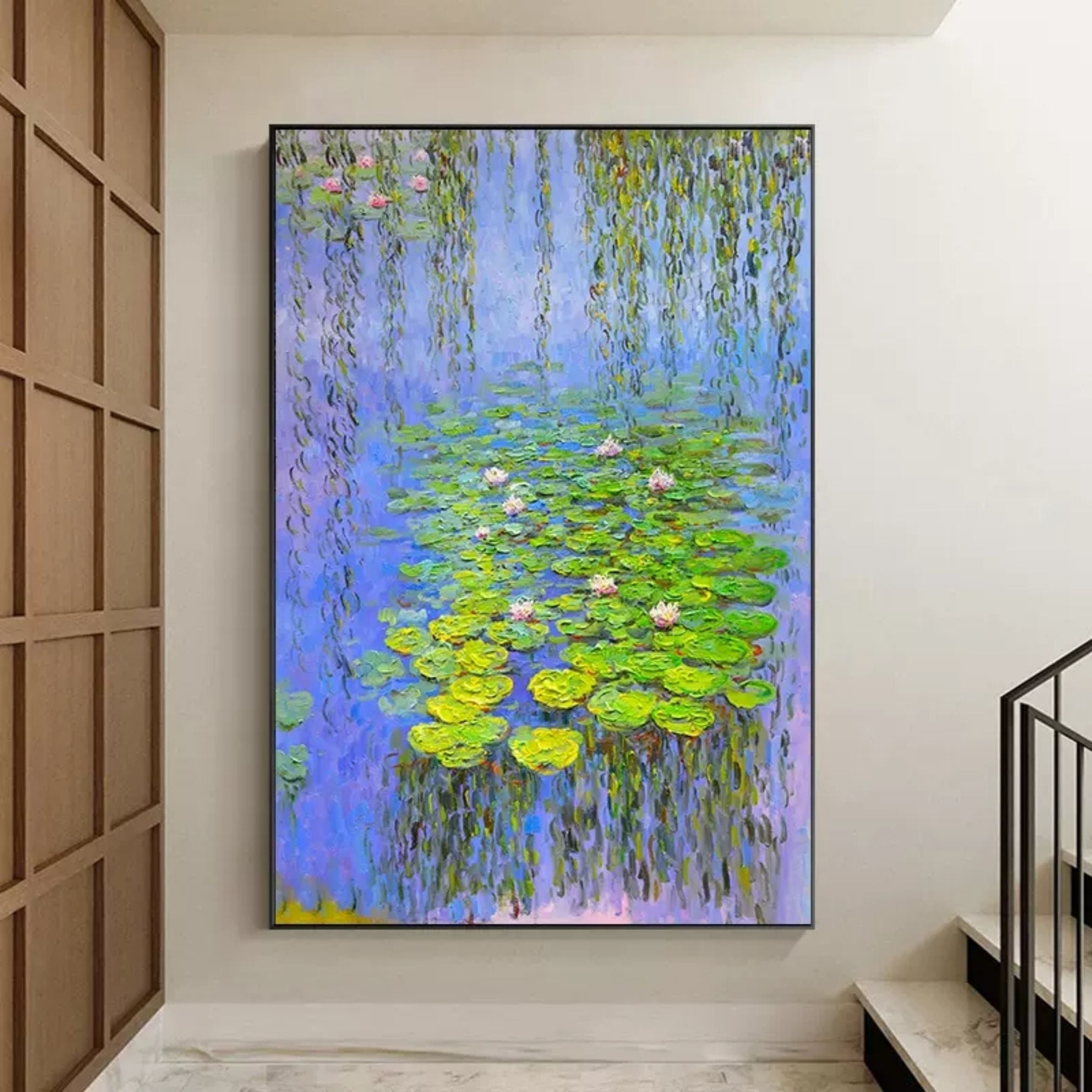 Monet style lily pad textured artwork mounted in a minimalist home office studio with natural gallery-style lighting