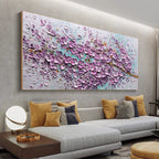 Close-up macro detail of the handcrafted thick plaster and 3D oil paint texture on the Amara flower petals art piece
