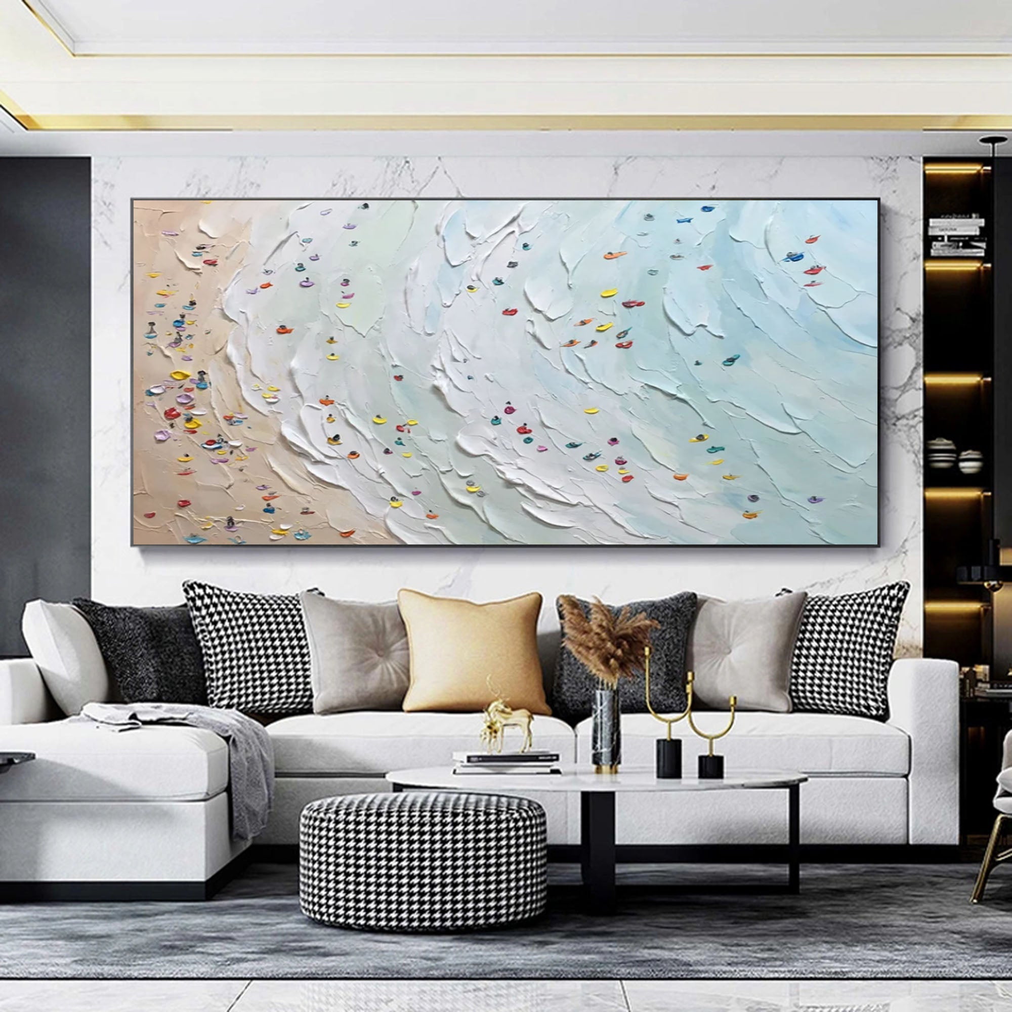 3D plaster ocean wave horizontal wall art with colorful details styling an elegant modern dining room wall