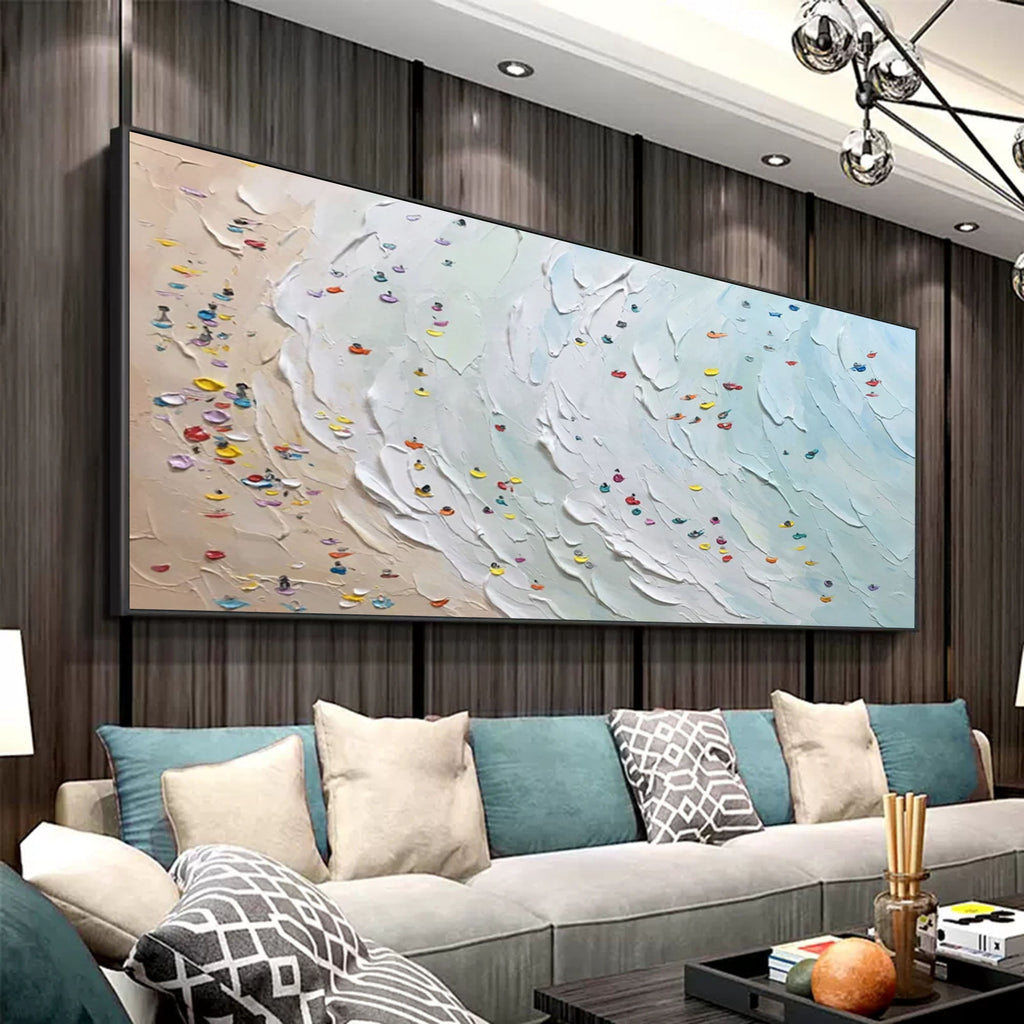 Minimalist horizontal entryway artwork displaying a premium aerial beach heavy texture canvas painting