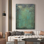 Wabi-sabi mineral textured canvas artwork in serene bedroom with soft natural lighting