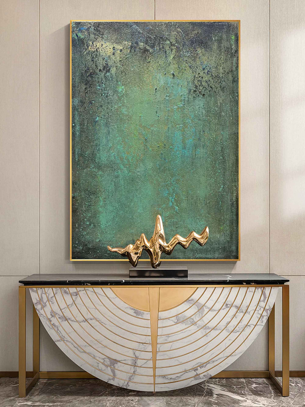 Oxidized abstract wall art in contemporary hallway with earthy neutral interior tones