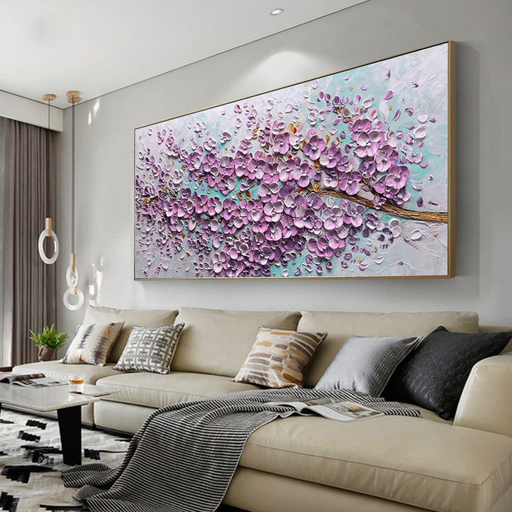 Amara horizontal plum flower textured oil art piece hanging over a king-size bed in a serene romantic bedroom