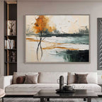 Mist vertical vibrant minimalist tree and lake textured art piece hanging over a king-size bed setup in a serene bedroom