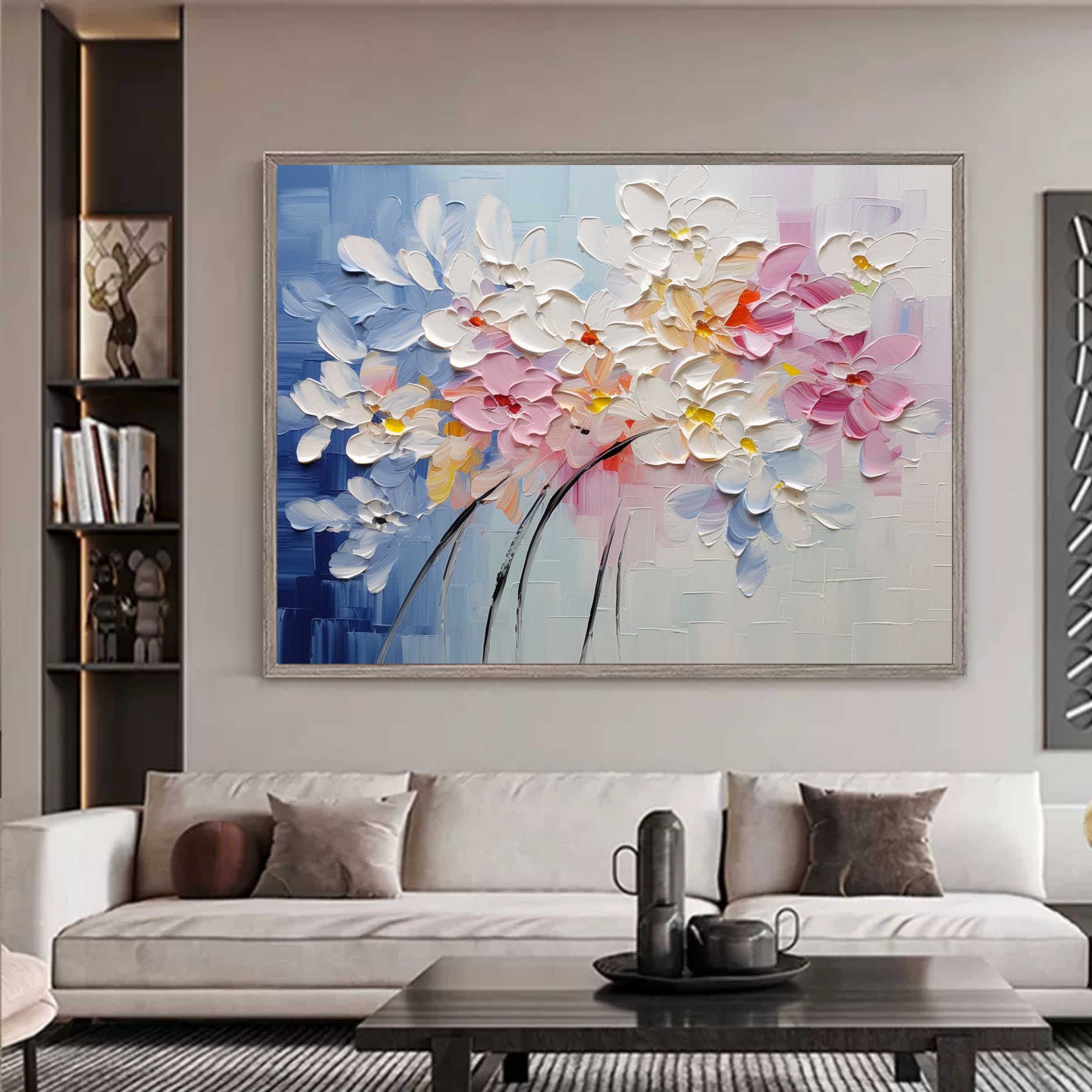 Bloom horizontal vibrant multicolored floral textured art piece hanging over a king-size bed setup in a cozy romantic bedroom