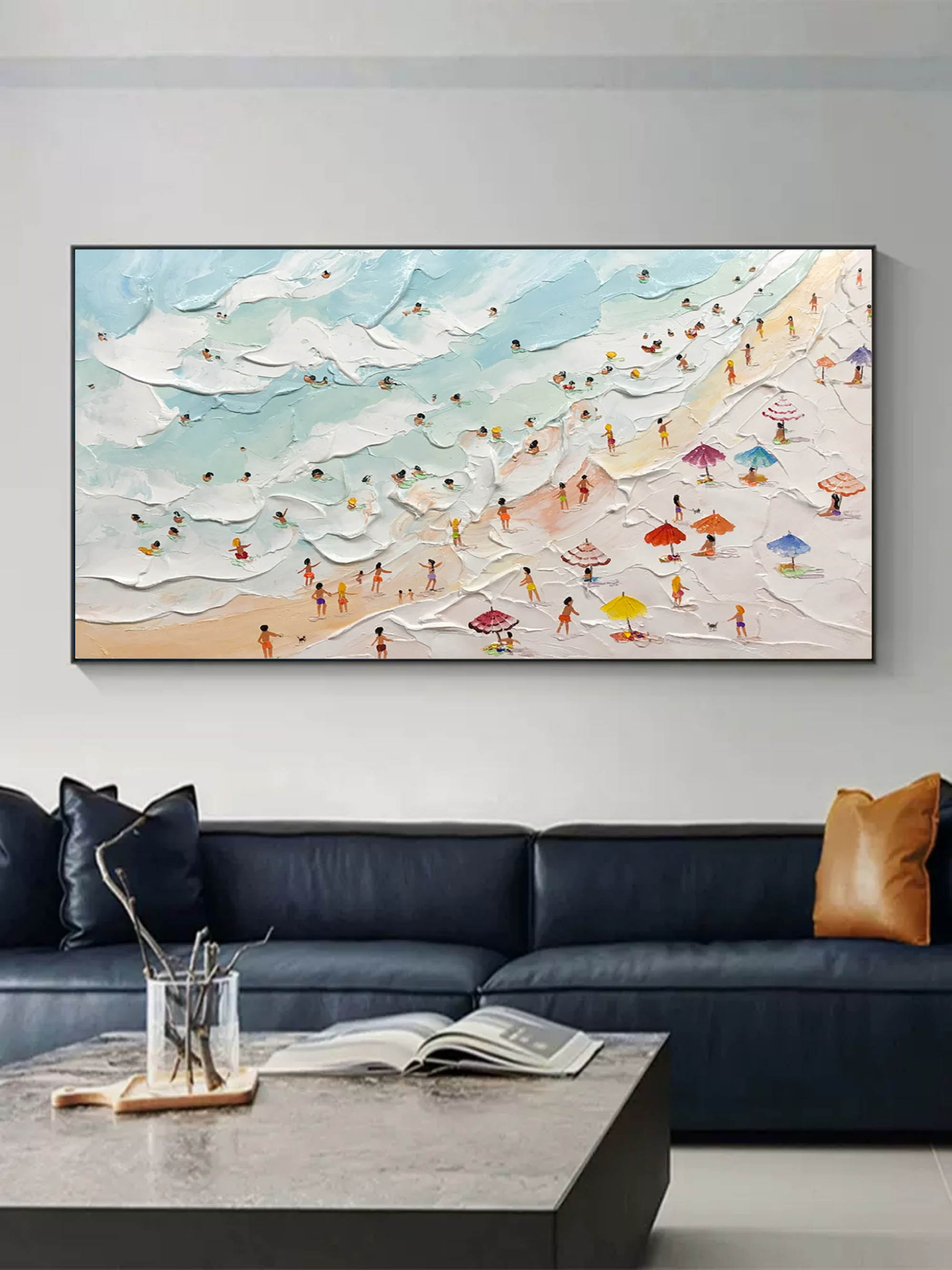 Contemporary oversized multi-colored seaside scene flawlessly enhancing a transitional home decor style over a fireplace mantel.