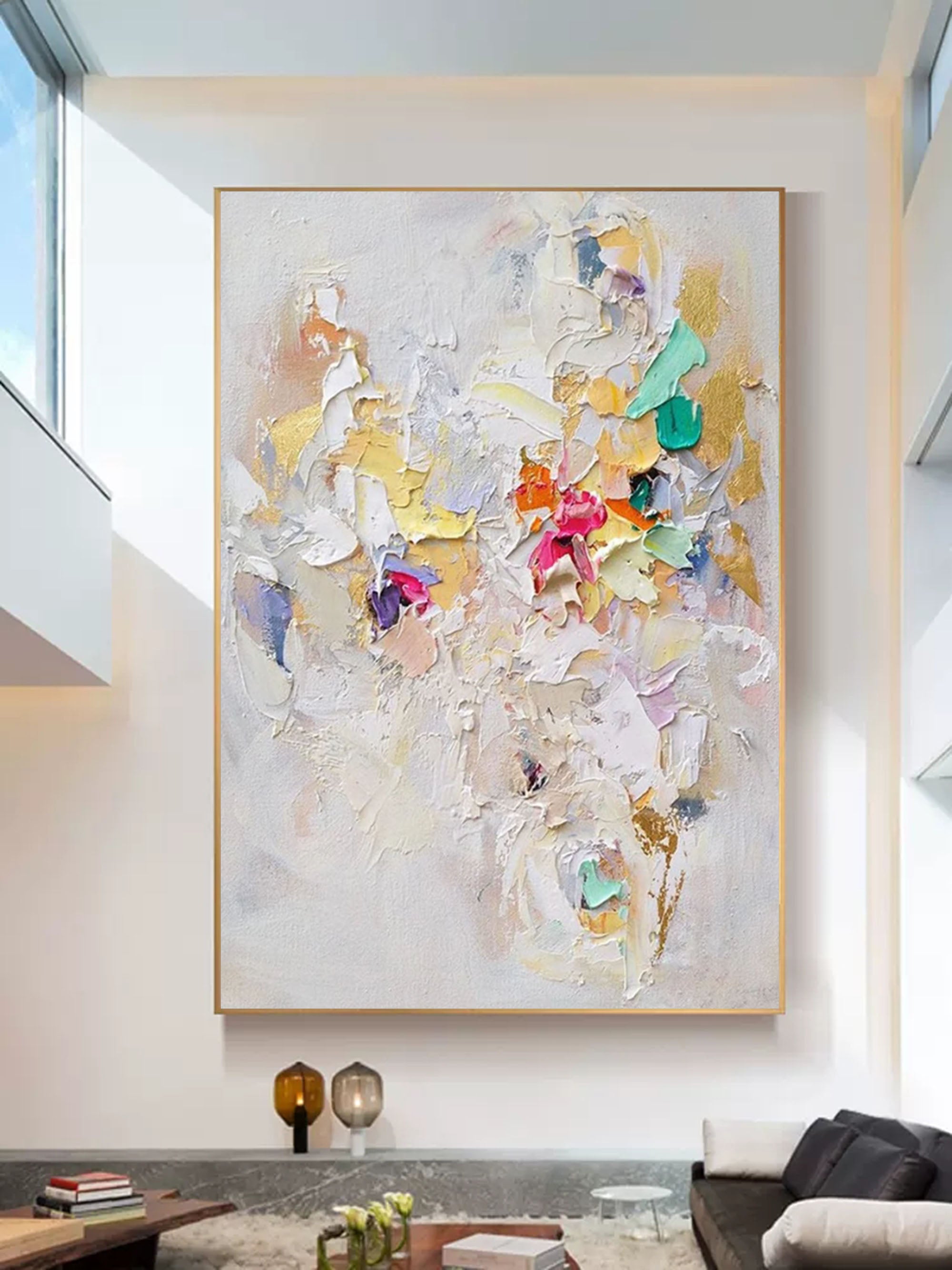 Vivid horizontal vibrant mixed-media textured art piece hanging over a king-size bed setup in a luxury upscale bedroom