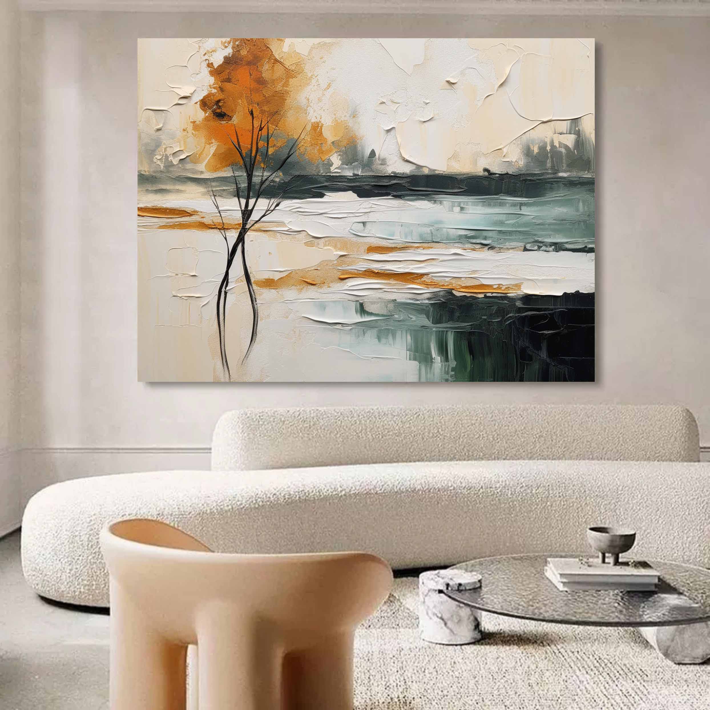 Heavy textured colorful nature landscape canvas artwork styled above a neutral linen sofa in a bright modern living room