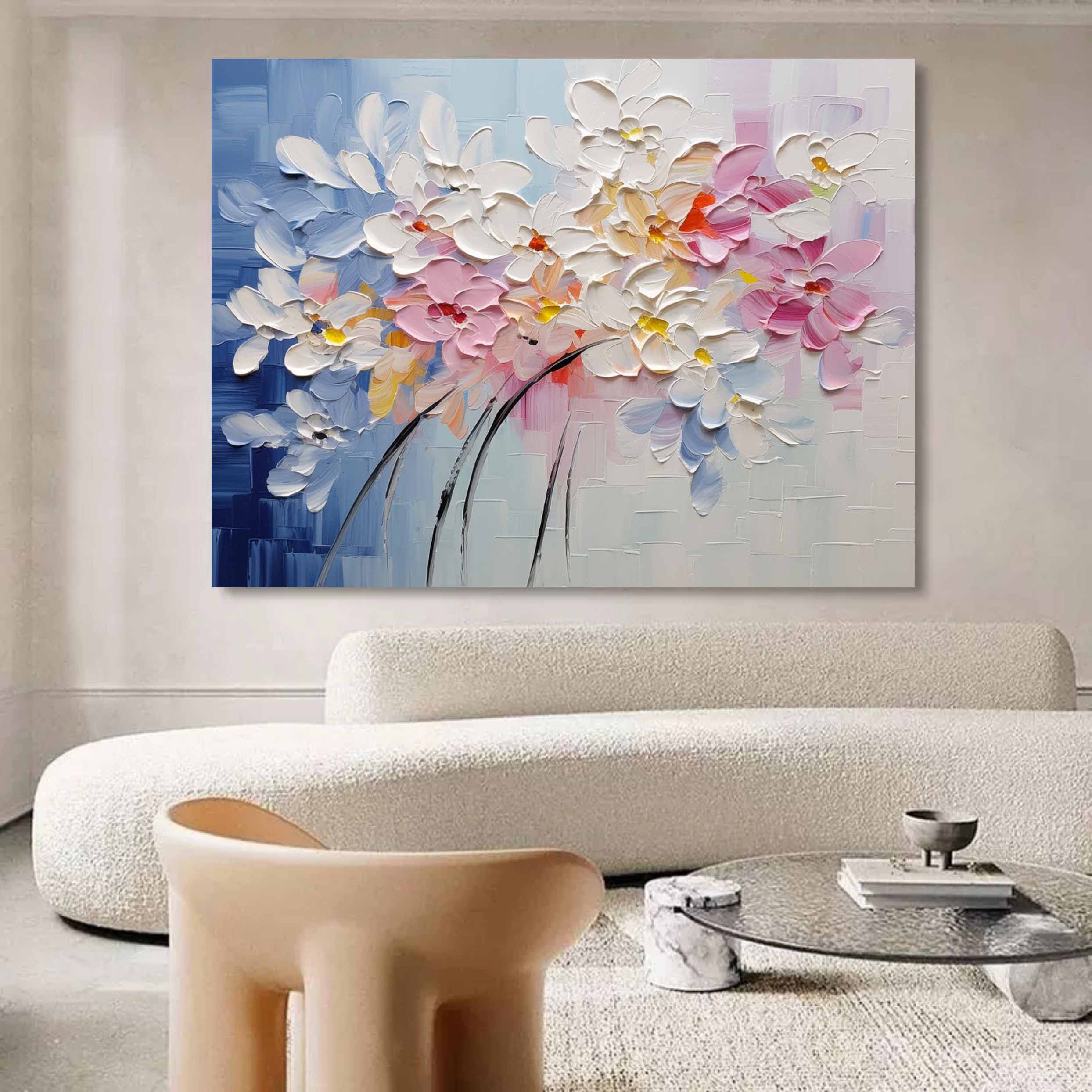 Elegant pastel pink and blue impasto floral wall art displayed in a contemporary dining room next to minimalist decor