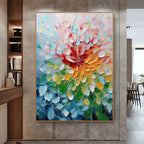 Vibrant rainbow impasto floral wall art displayed in an elegant dining room next to contemporary minimalist gallery decor