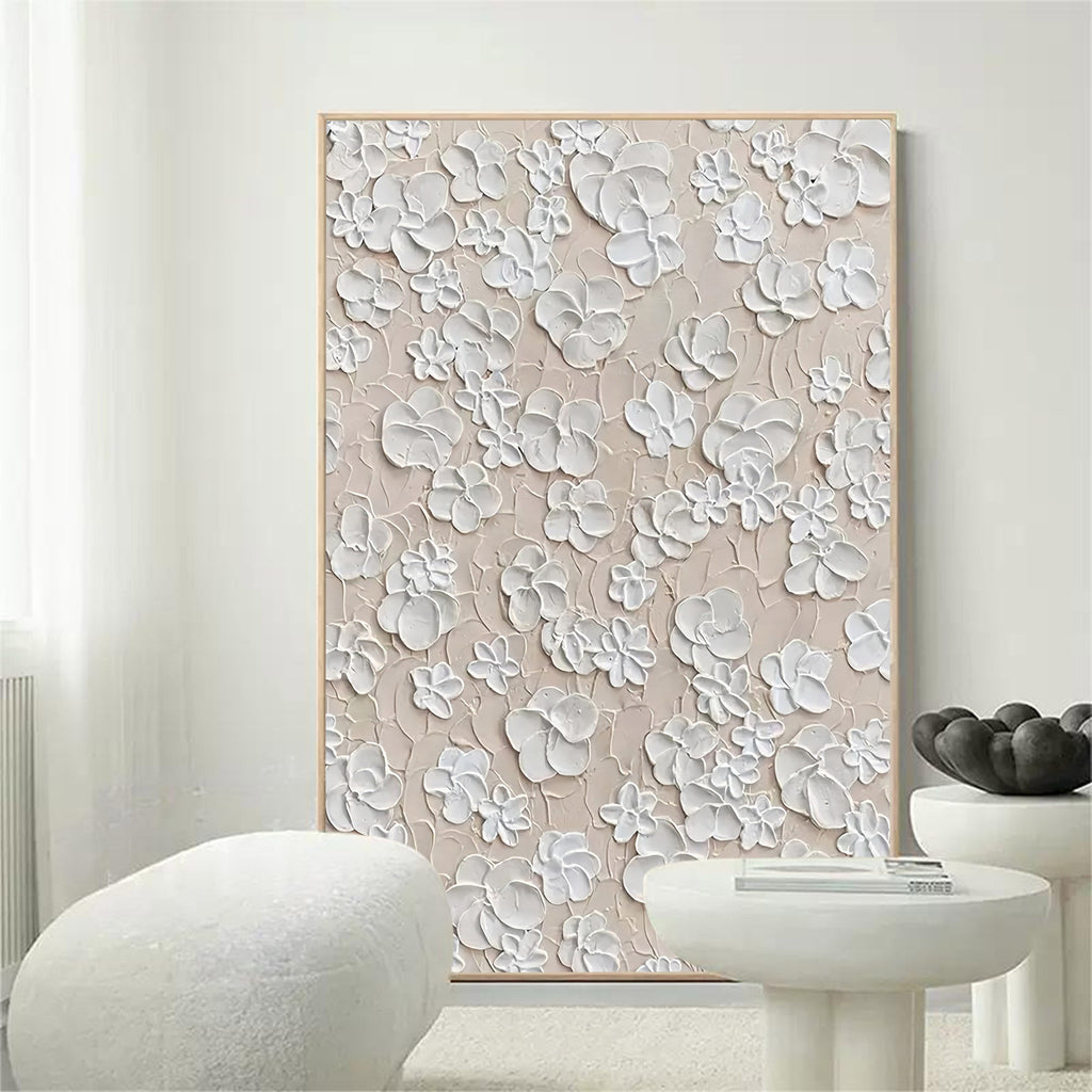 3D plaster relief botanical wall art with cream tones styling an elegant dining room wall