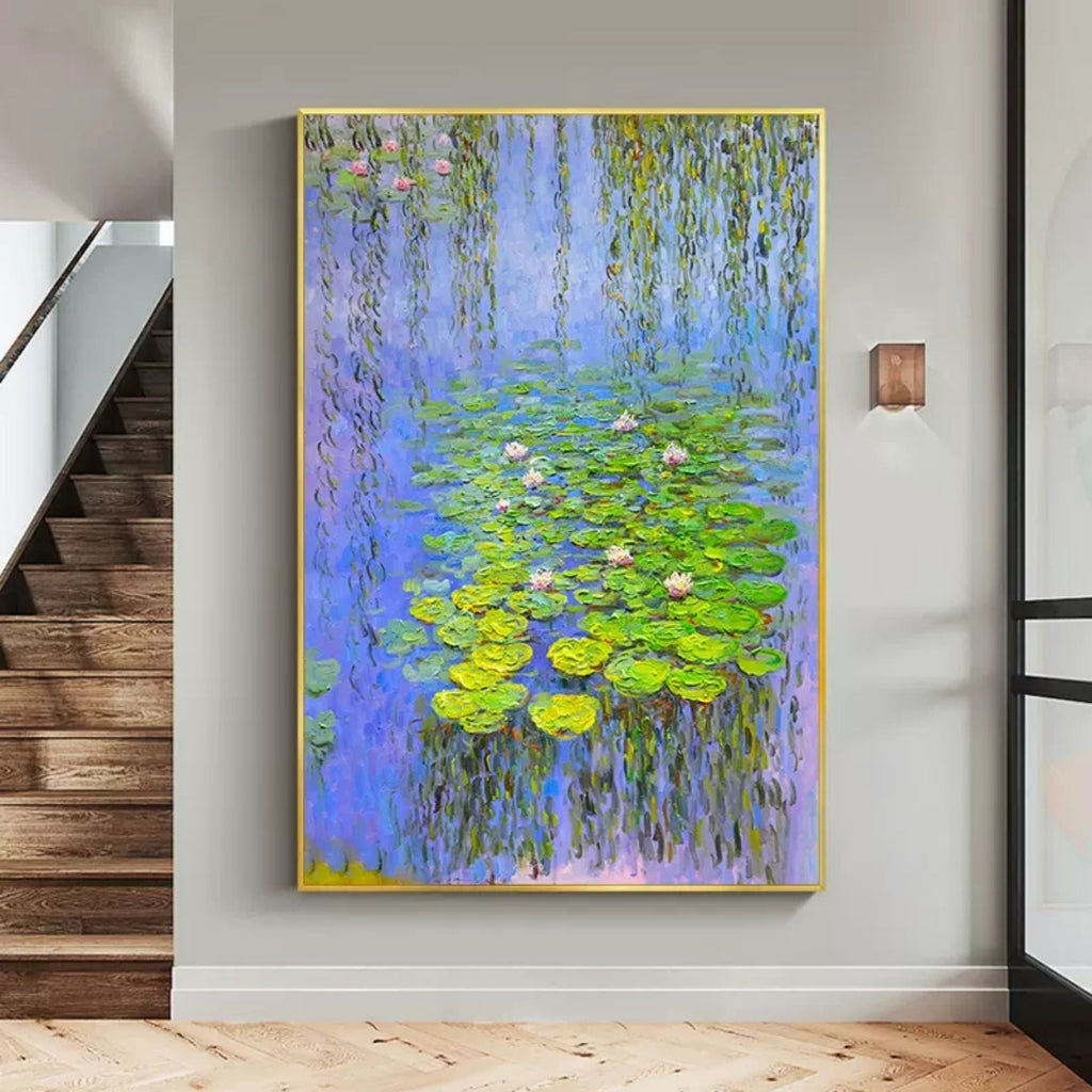Close-up macro detail of the handcrafted thick plaster and 3D oil paint texture on the Reverie lotus pond art piece