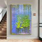 Close-up macro detail of the handcrafted thick plaster and 3D oil paint texture on the Reverie lotus pond art piece