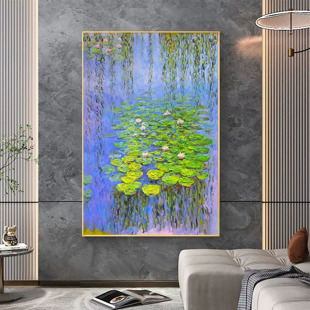 Reverie floral textured oil art piece hanging over a king-size bed setup in a serene cozy American-style bedroom