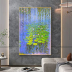 Reverie floral textured oil art piece hanging over a king-size bed setup in a serene cozy American-style bedroom