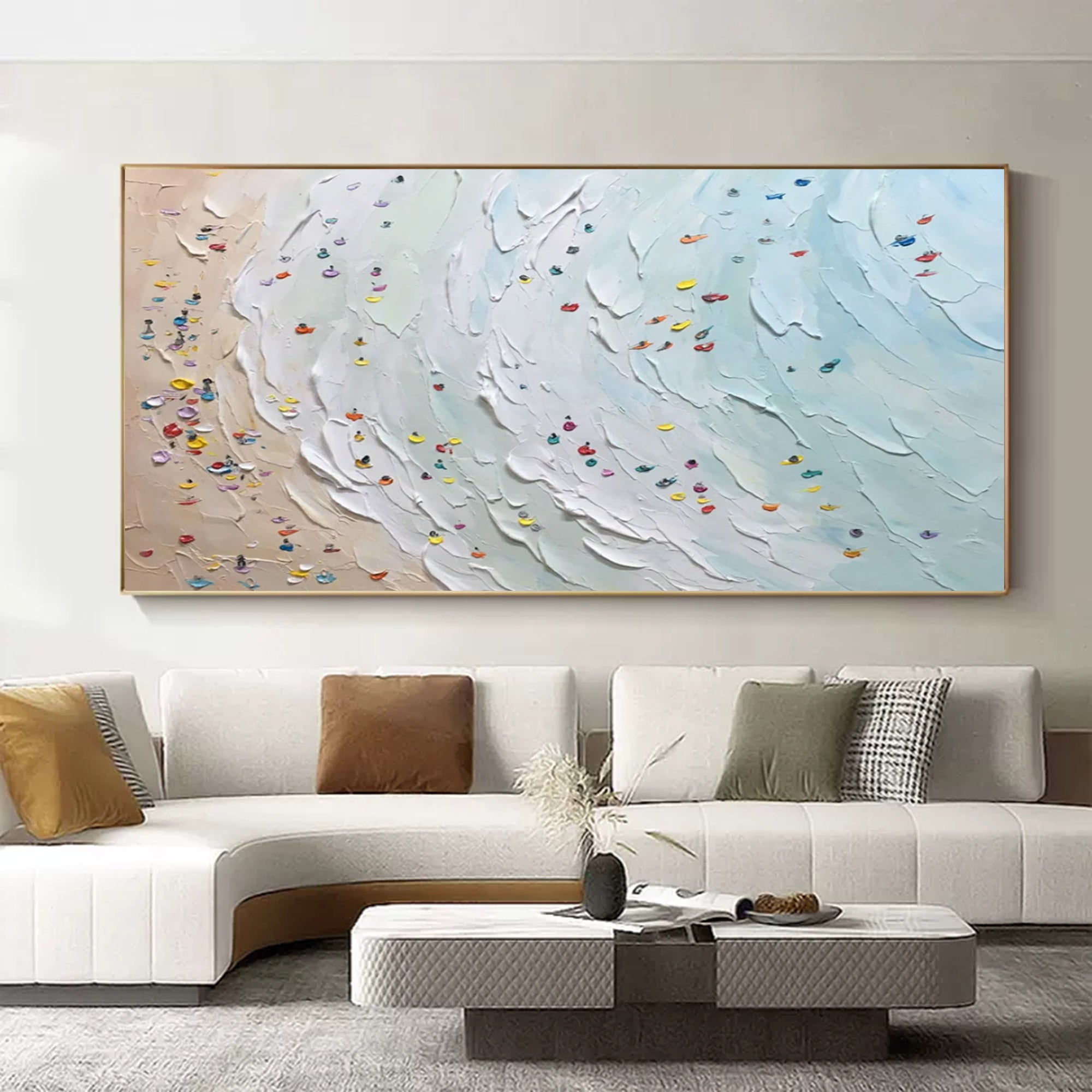 Cozy coastal style master bedroom decor featuring horizontal heavy textured aerial sea wave artwork above the bed