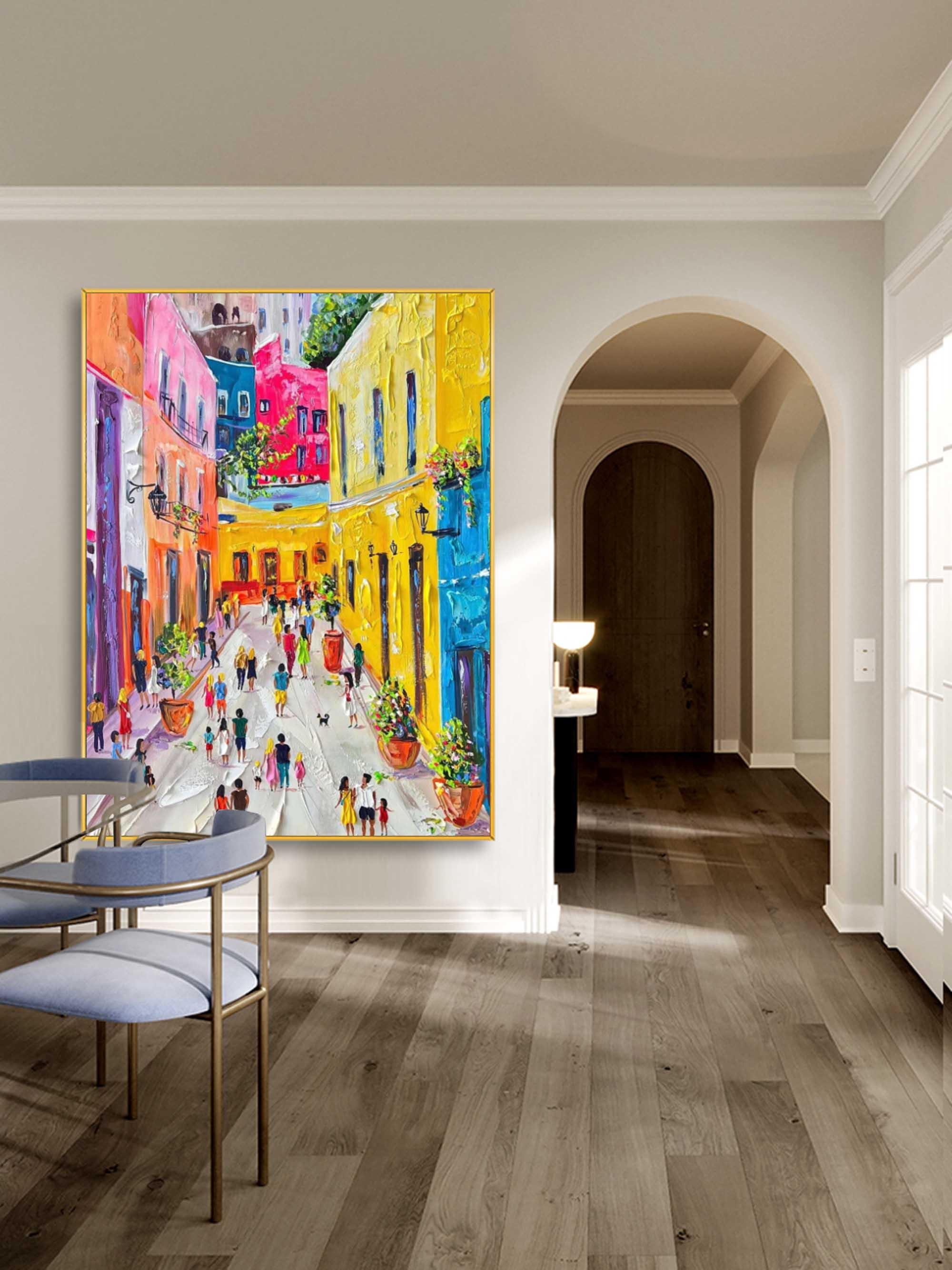 Vibrant impasto cityscape oil painting creating an energetic and artistic focal point in a master bedroom.