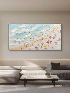 Vibrant large scale ocean wave painting with thick white impasto seafoam creating a cheerful focal point over a bed.