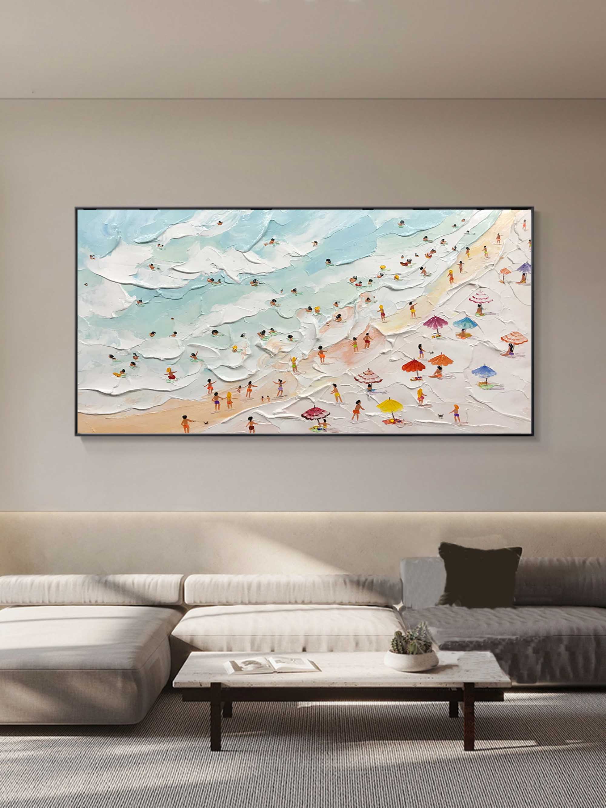 Vibrant large scale ocean wave painting with thick white impasto seafoam creating a cheerful focal point over a bed.