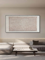 Serene bedroom interior with geometric plaster wall art creating calm and balanced wabi-sabi atmosphere