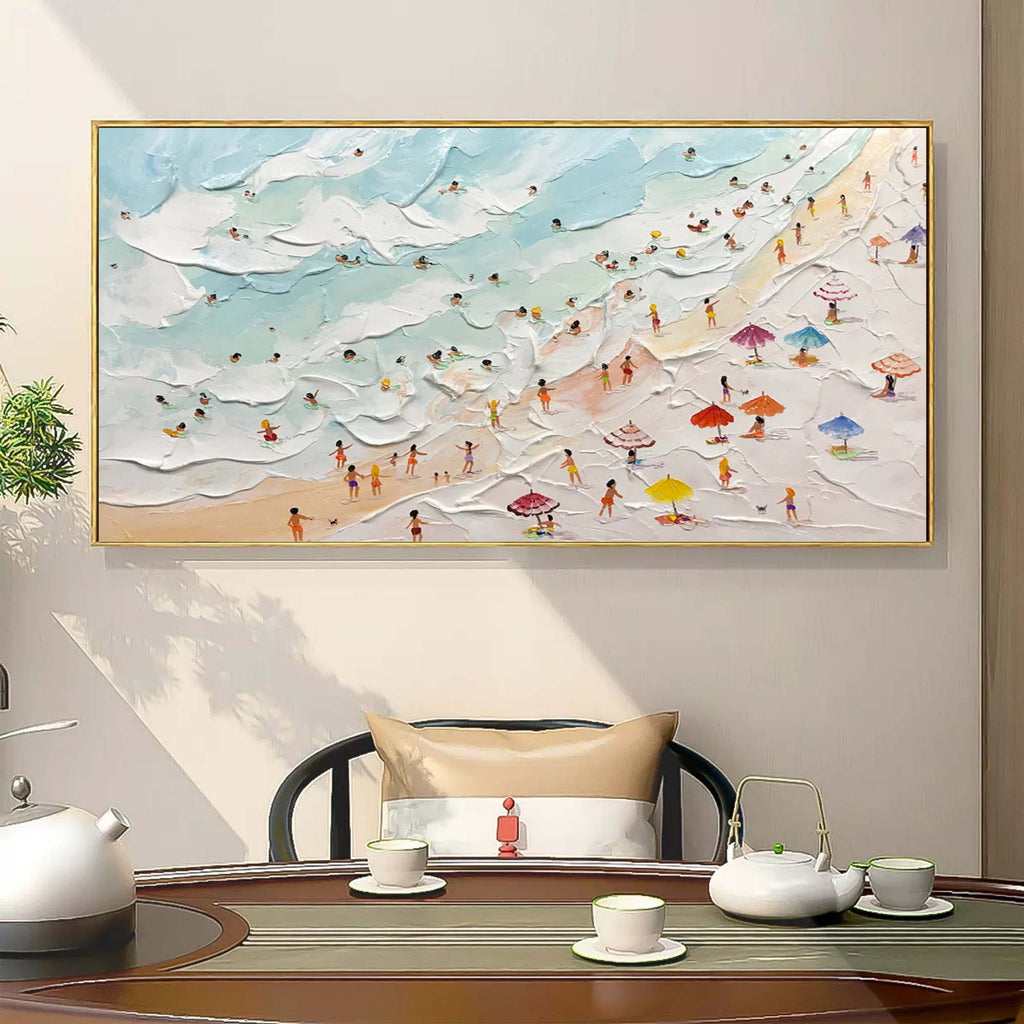 Sophisticated big scale horizontal coast artwork adding bright artistic energy and a summery vibe to a dining room wall.
