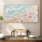 Sophisticated big scale horizontal coast artwork adding bright artistic energy and a summery vibe to a dining room wall.