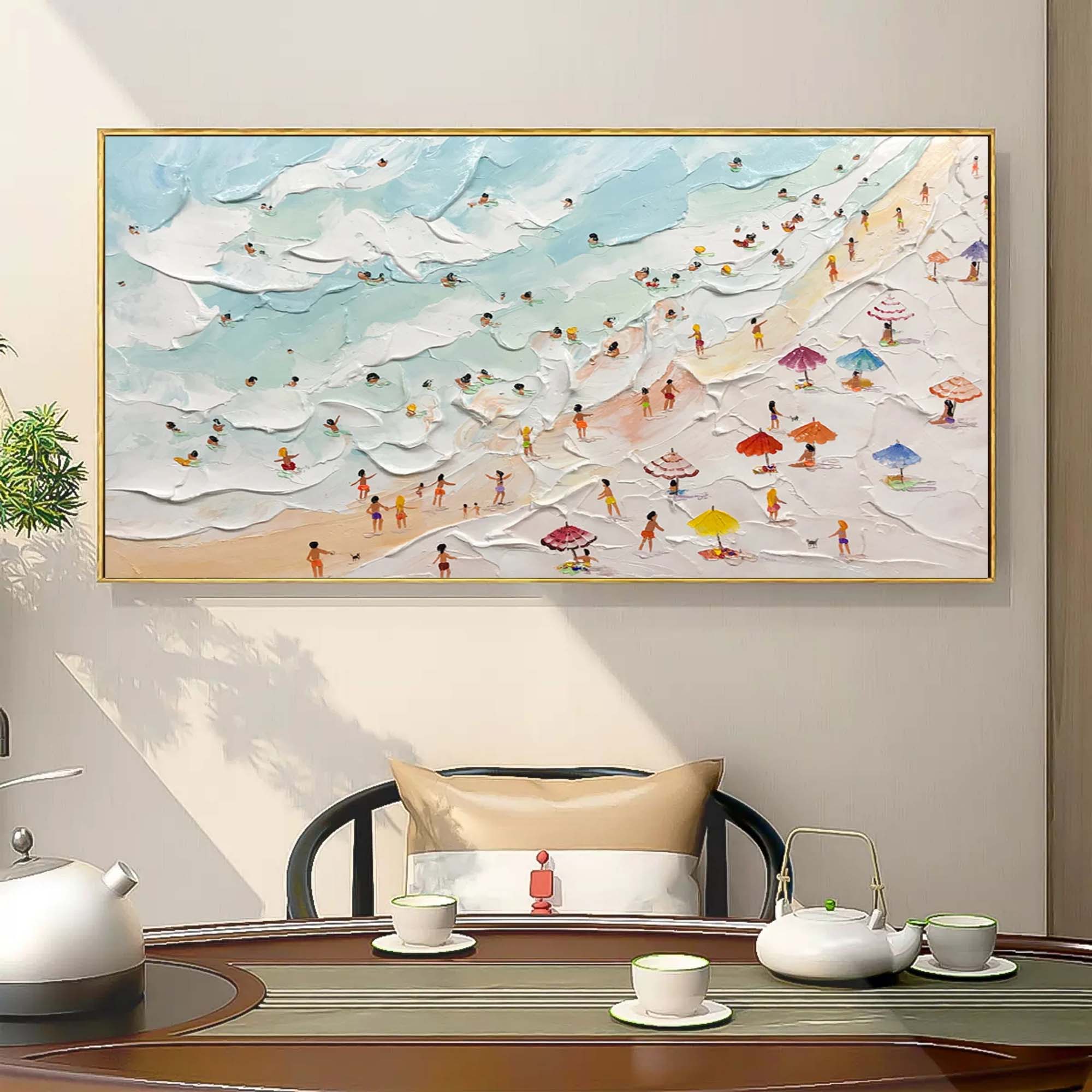 Sophisticated big scale horizontal coast artwork adding bright artistic energy and a summery vibe to a dining room wall.