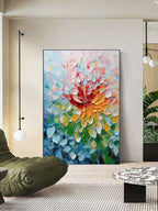 Glow vertical vibrant multicolored blossom textured art piece hanging over a king-size bed setup in a cozy cozy bedroom
