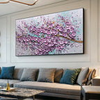 Vibrant purple and mint green blossom impasto wall art displayed in an elegant dining room next to minimalist decor