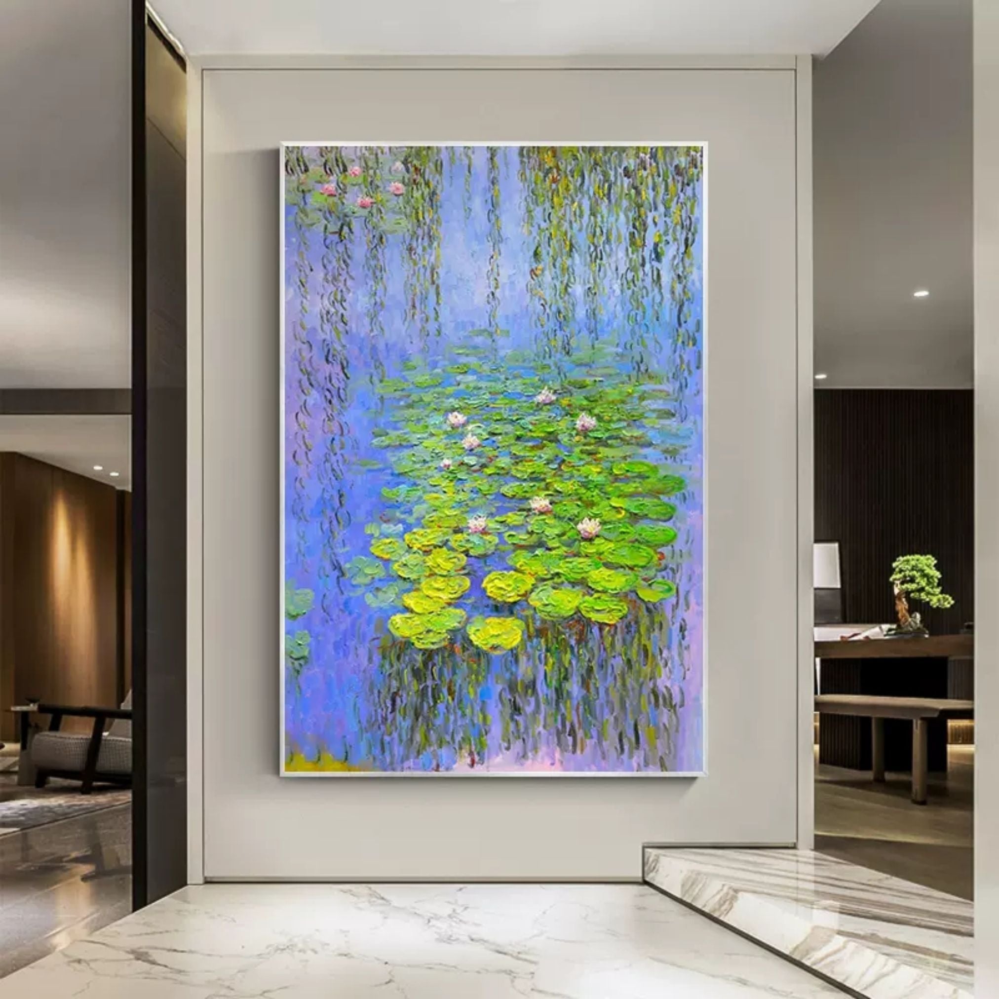 Vibrant green and blue water lily impasto wall art displayed in an elegant dining room next to contemporary decor
