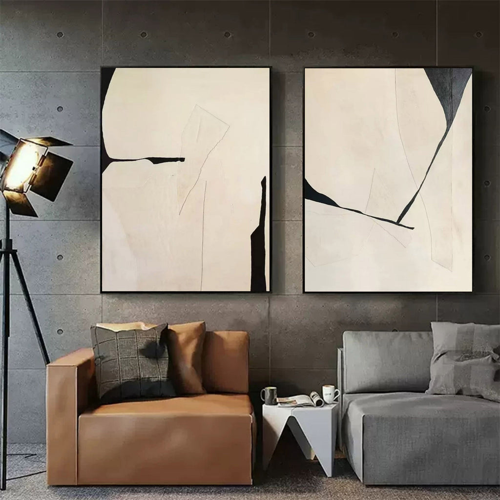 Sophisticated heavy texture artwork set providing a clean and inspiring look in a home office space.