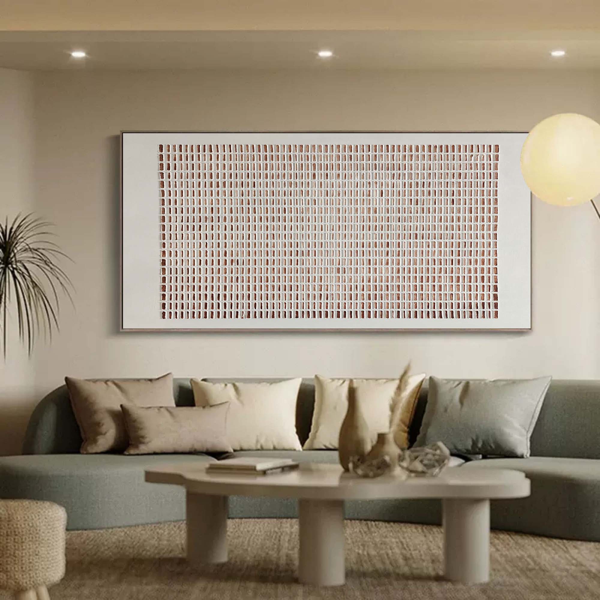 Modern living room featuring Lattice textured wall art with warm neutral tones and minimalist Japandi interior styling