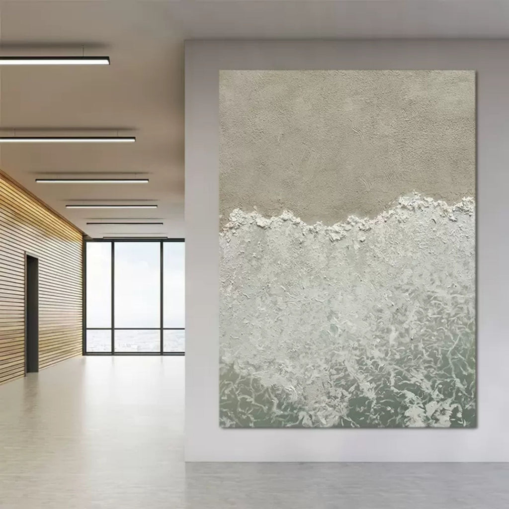 Sophisticated heavy textured panoramic marine artwork adding calm inspiration and organic design to a home office.