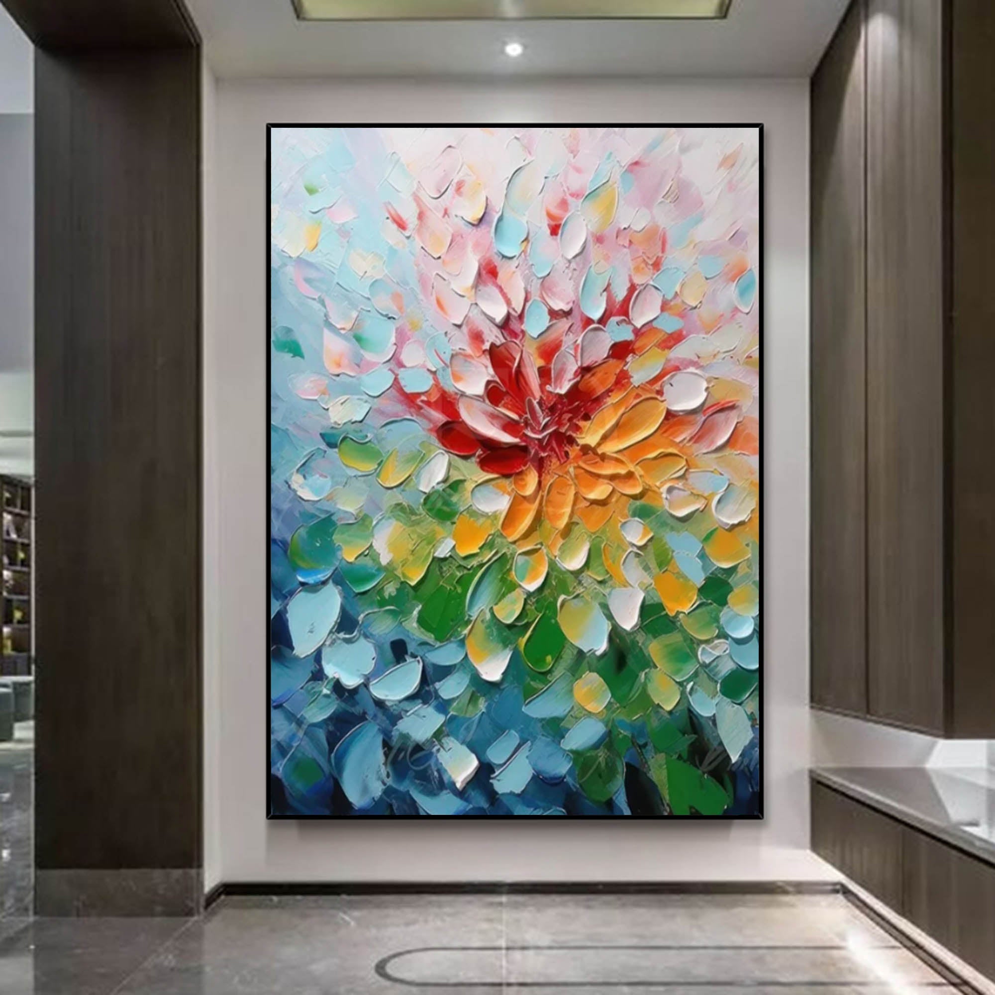 Colorful modern abstract bloom textured artwork mounted in a minimalist home office studio with natural gallery-style lighting