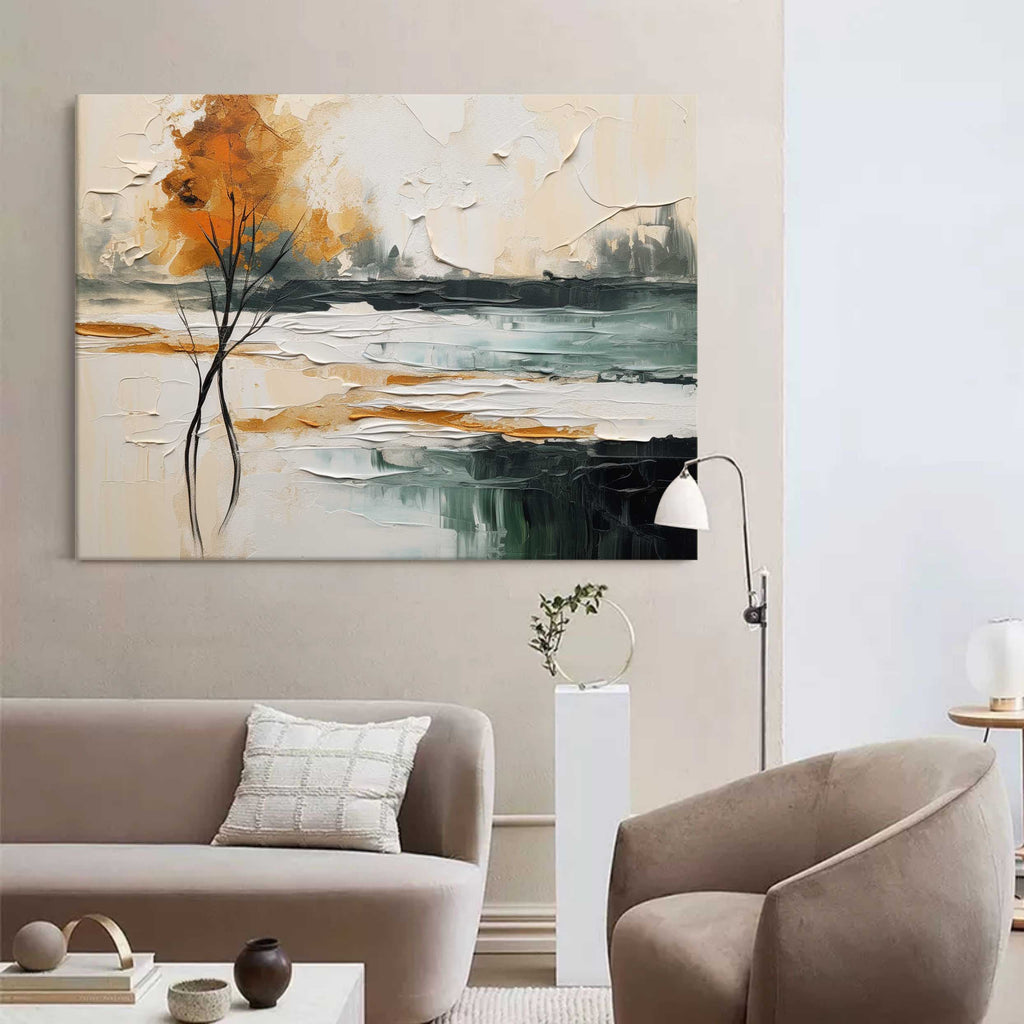 Vibrant orange and dark green landscape impasto wall art displayed in a contemporary dining room next to minimalist decor