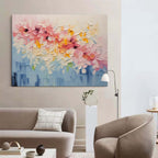 Contemporary oversized multi-colored floral art piece flawlessly enhancing a transitional style fireplace mantel.