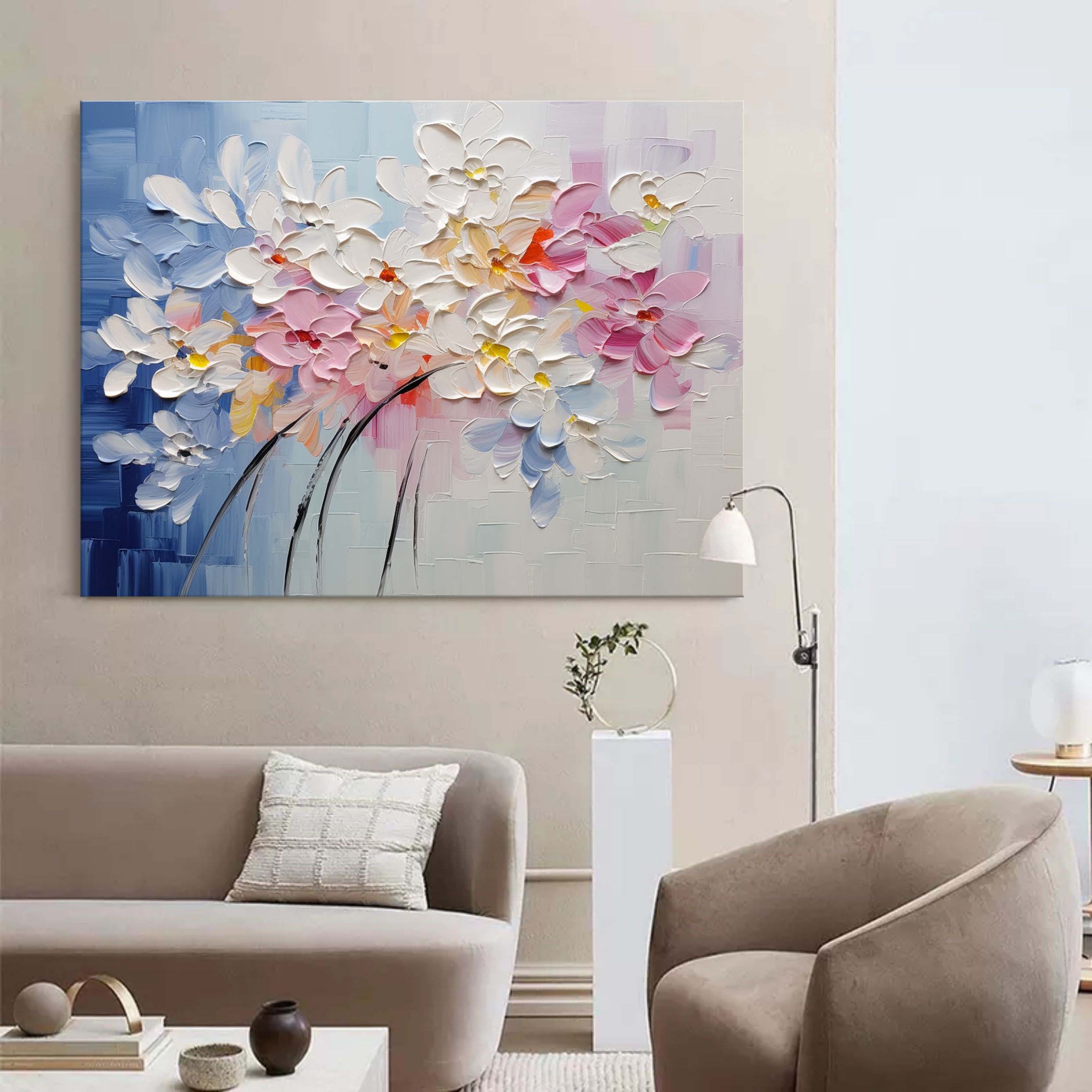 Close-up macro detail of the handcrafted thick plaster brushstrokes and 3D palette knife flower petals texture on the Bloom art piece
