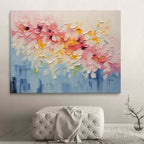 Sophisticated horizontal blue and pink botanical painting adding bright artistic energy above a dining room buffet table.