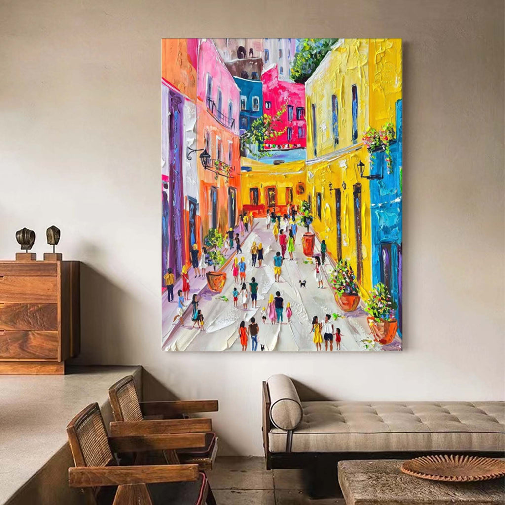 Contemporary palette knife textured landscape piece enhancing the gallery wall of a bright dining room area.