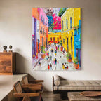 Contemporary palette knife textured landscape piece enhancing the gallery wall of a bright dining room area.