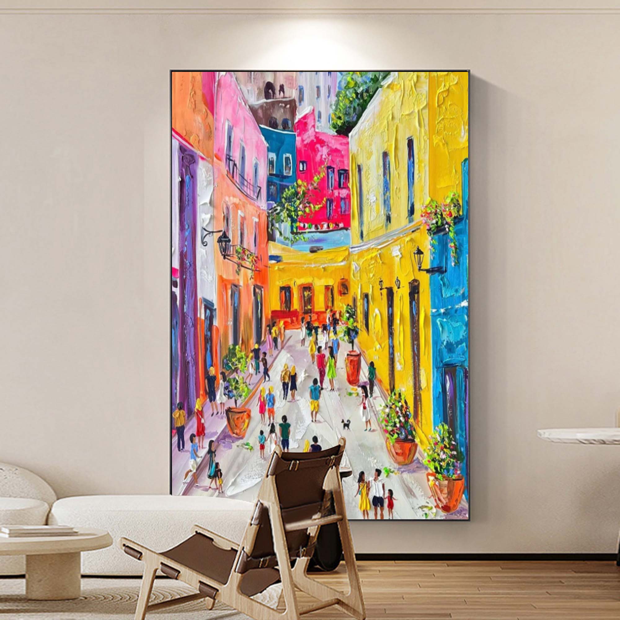 Creative thick texture city street painting adding bright inspiration and lively design to a home office space.
